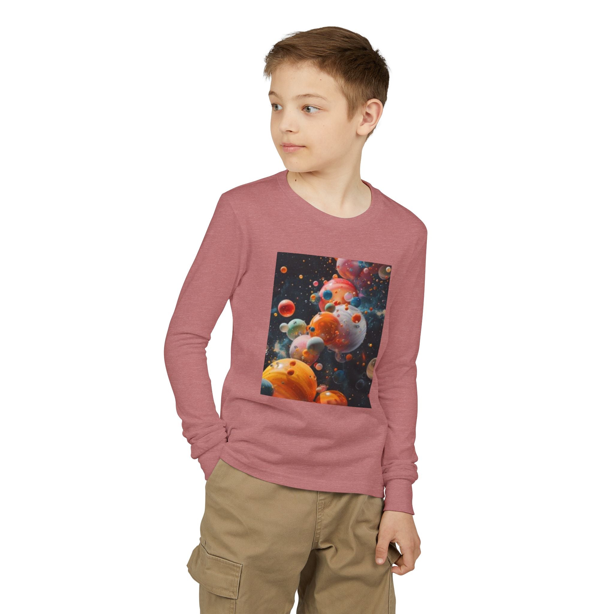 Youth Long Sleeve Tee — Playful Space Planets & Happy Bulldog Graphic