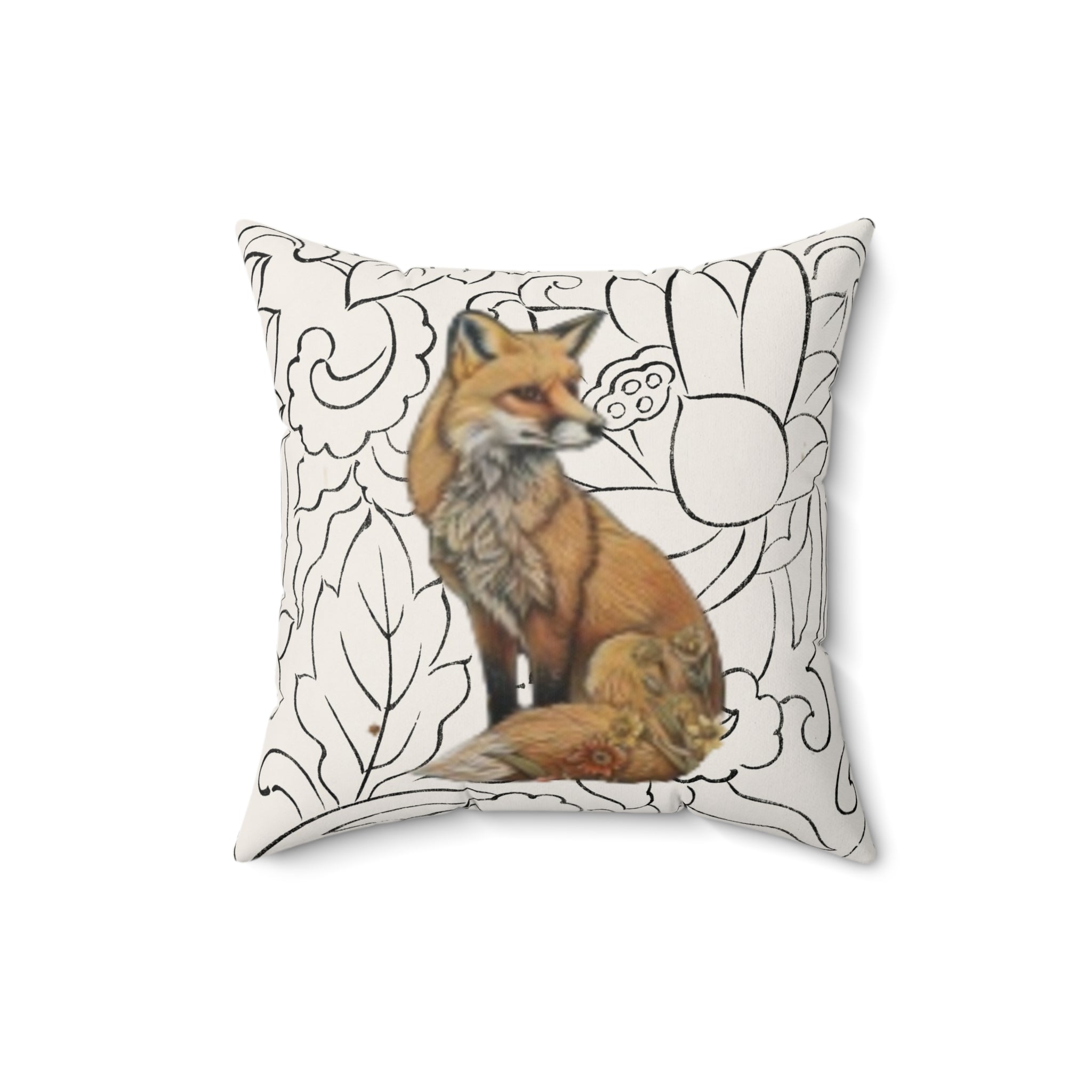 Decorative Throw Pillow — Fox & Sun Patterned Floral & Animal Print Square Accent Cushion