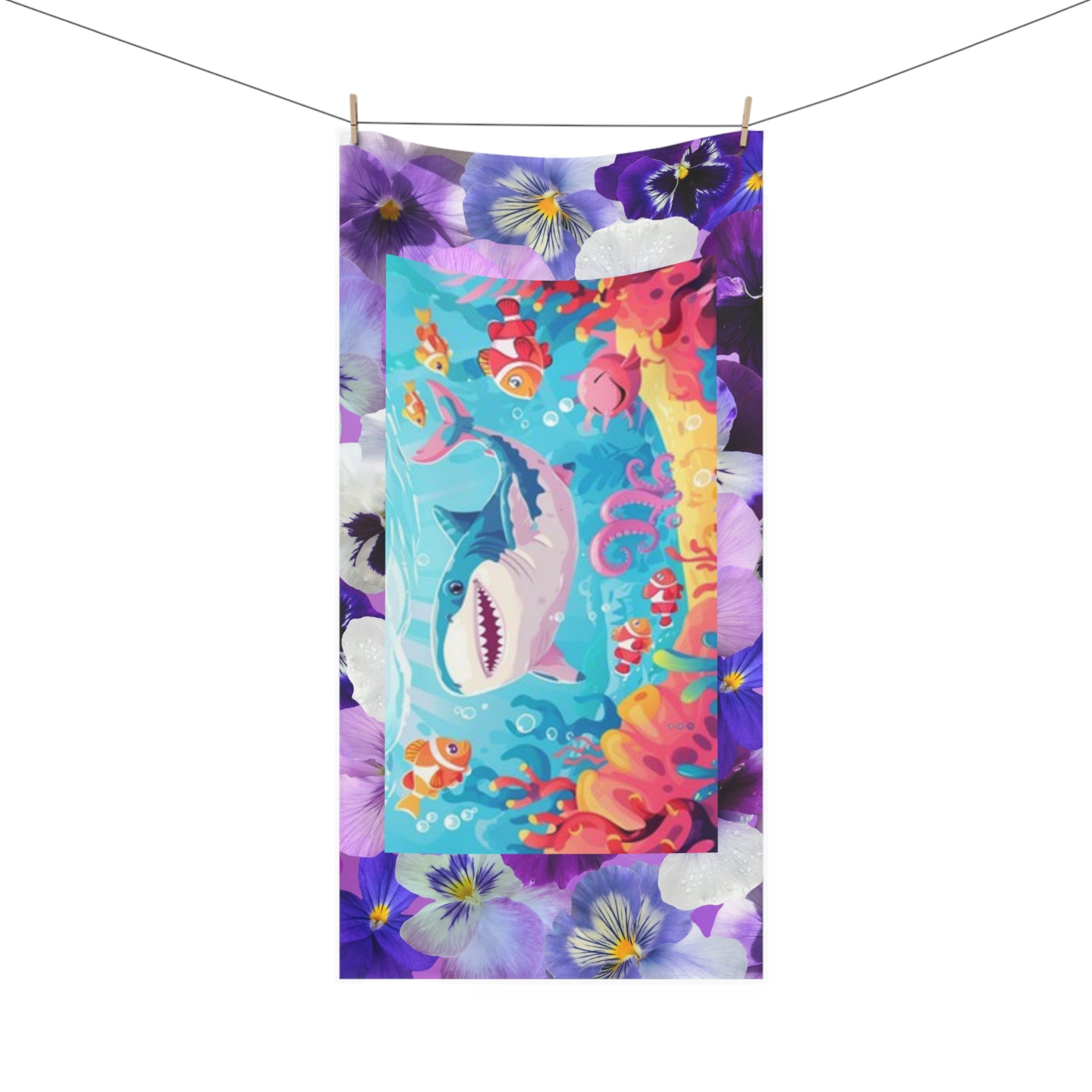 Shark & Coral Beach Towel — Colorful Ocean Cartoon Design