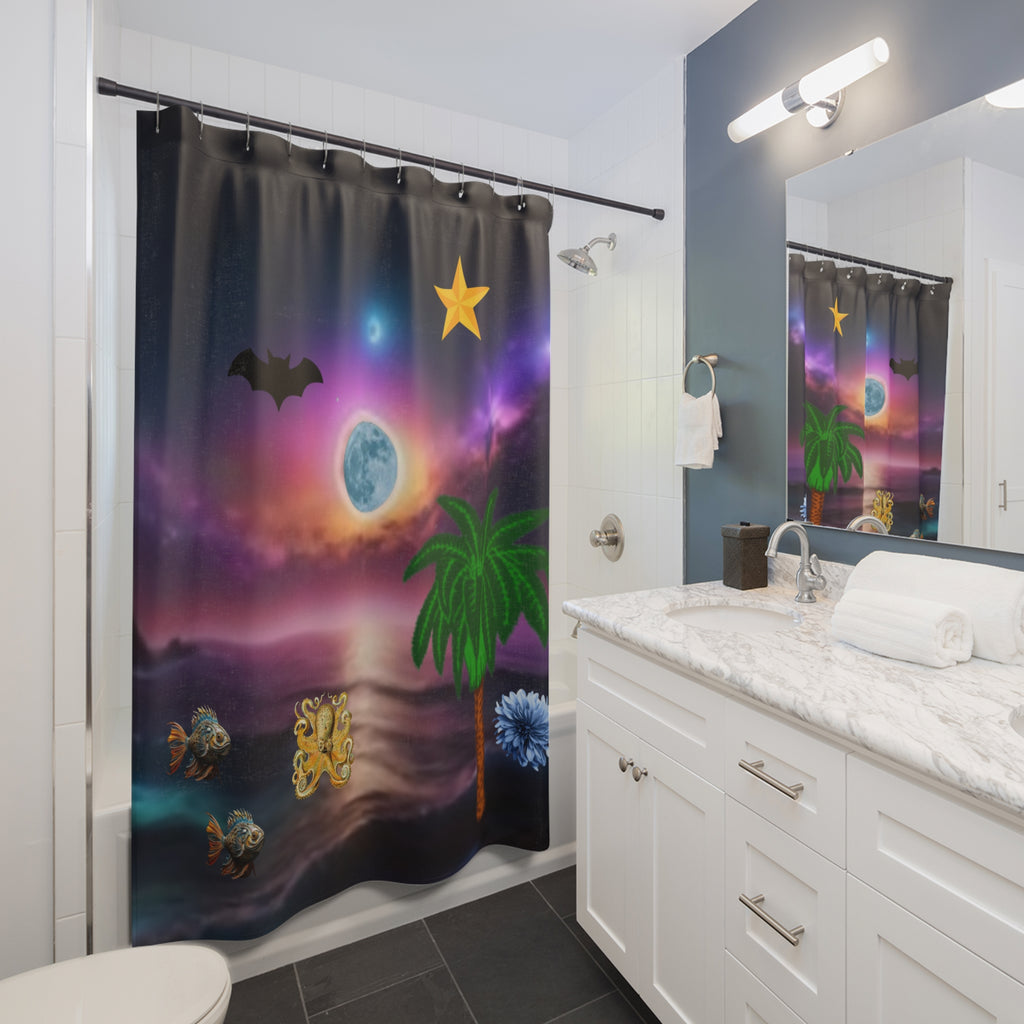 Tropical Night Sky Shower Curtain — Moonlit Ocean, Palm Tree & Stars Bathroom Decor