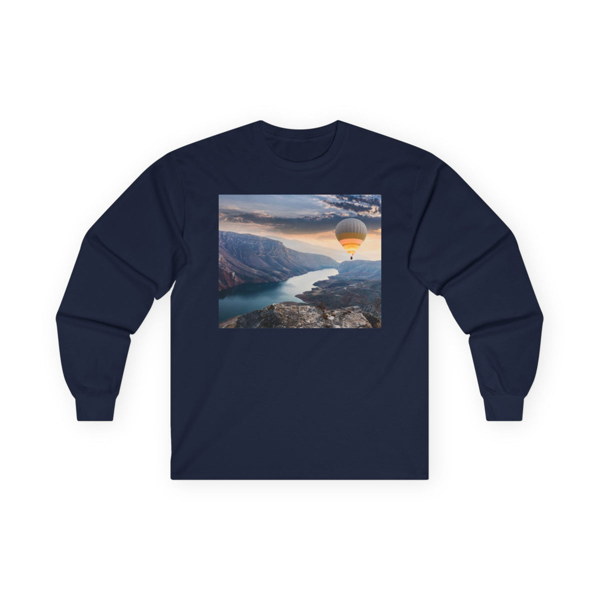 Hot Air Balloon Over Fjord Long Sleeve Tee — Scenic Travel Photography Shirt