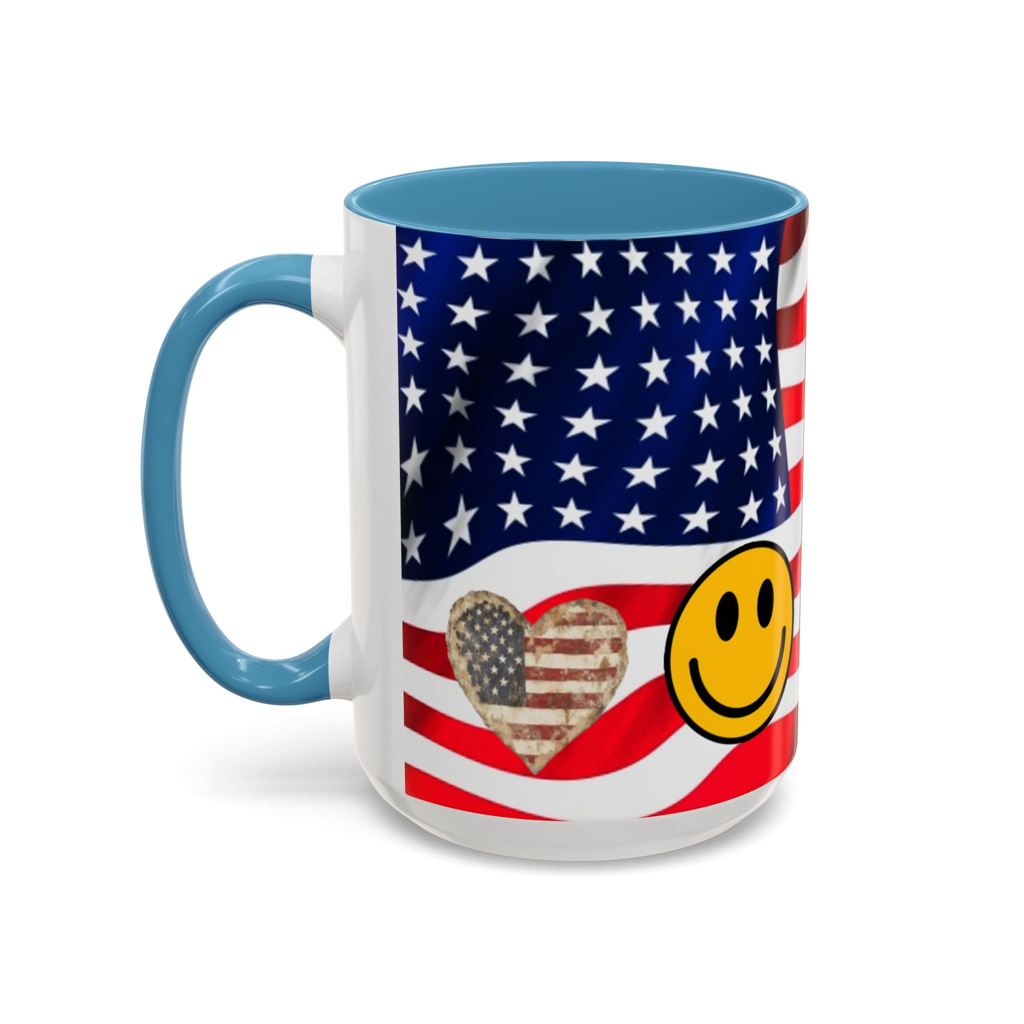 Patriotic President TRUMP Coffee Mug — American Flag Peace Sign & Smile