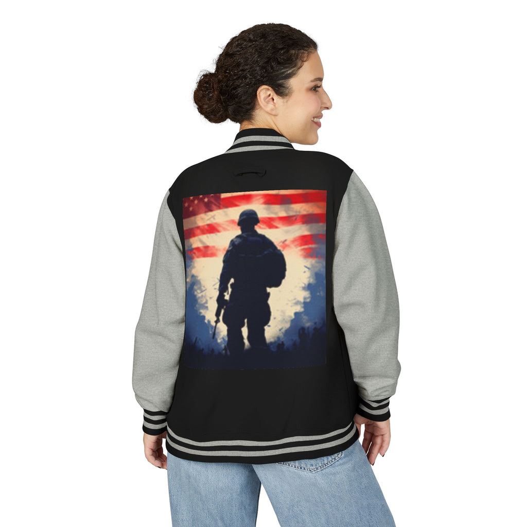 Veteran Tribute Letterman Jacket - American Flag Soldier Graphic