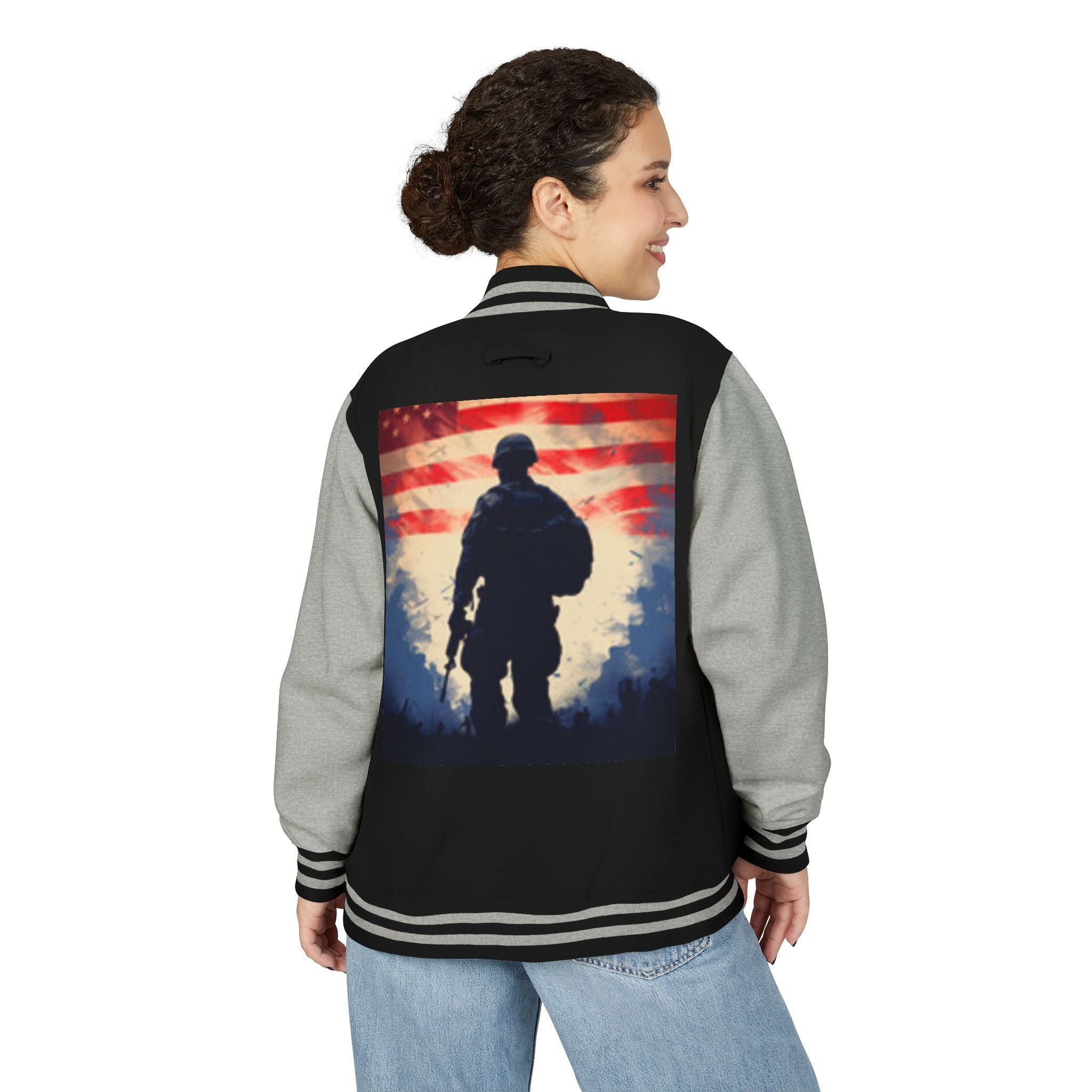 Veteran Tribute Letterman Jacket - American Flag Soldier Graphic