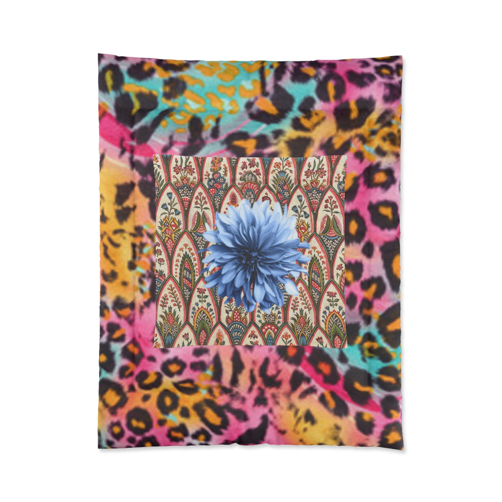Boho Leopard Floral Comforter — Vibrant Blue Bloom Patterned Bedding
