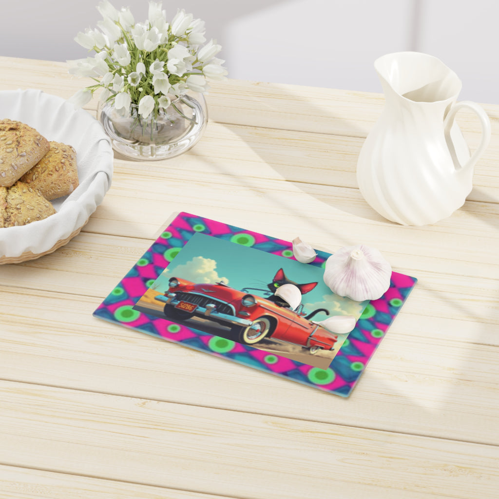 Retro Cat Driving Red Convertible Cutting Board — Funky Neon Border Kitchen Decor
