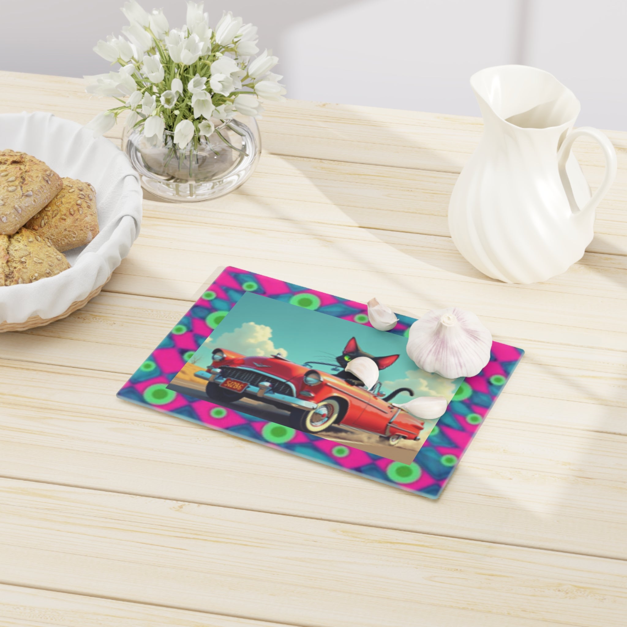 Retro Cat Driving Red Convertible Cutting Board — Funky Neon Border Kitchen Decor