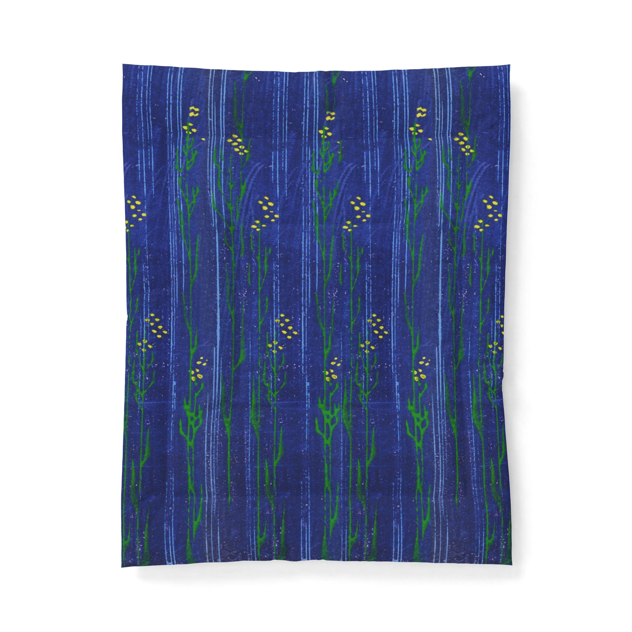 Blue Floral Cotton Comforter — Hand-Painted Meadow Stripe Bedding