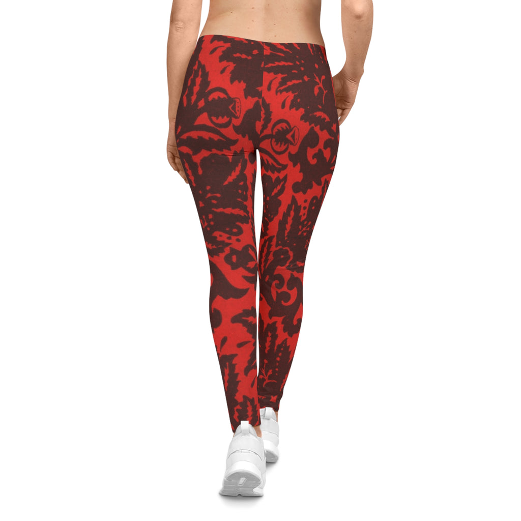 Red Floral Damask Leggings — Women's Patterned All-Over Print Leggings