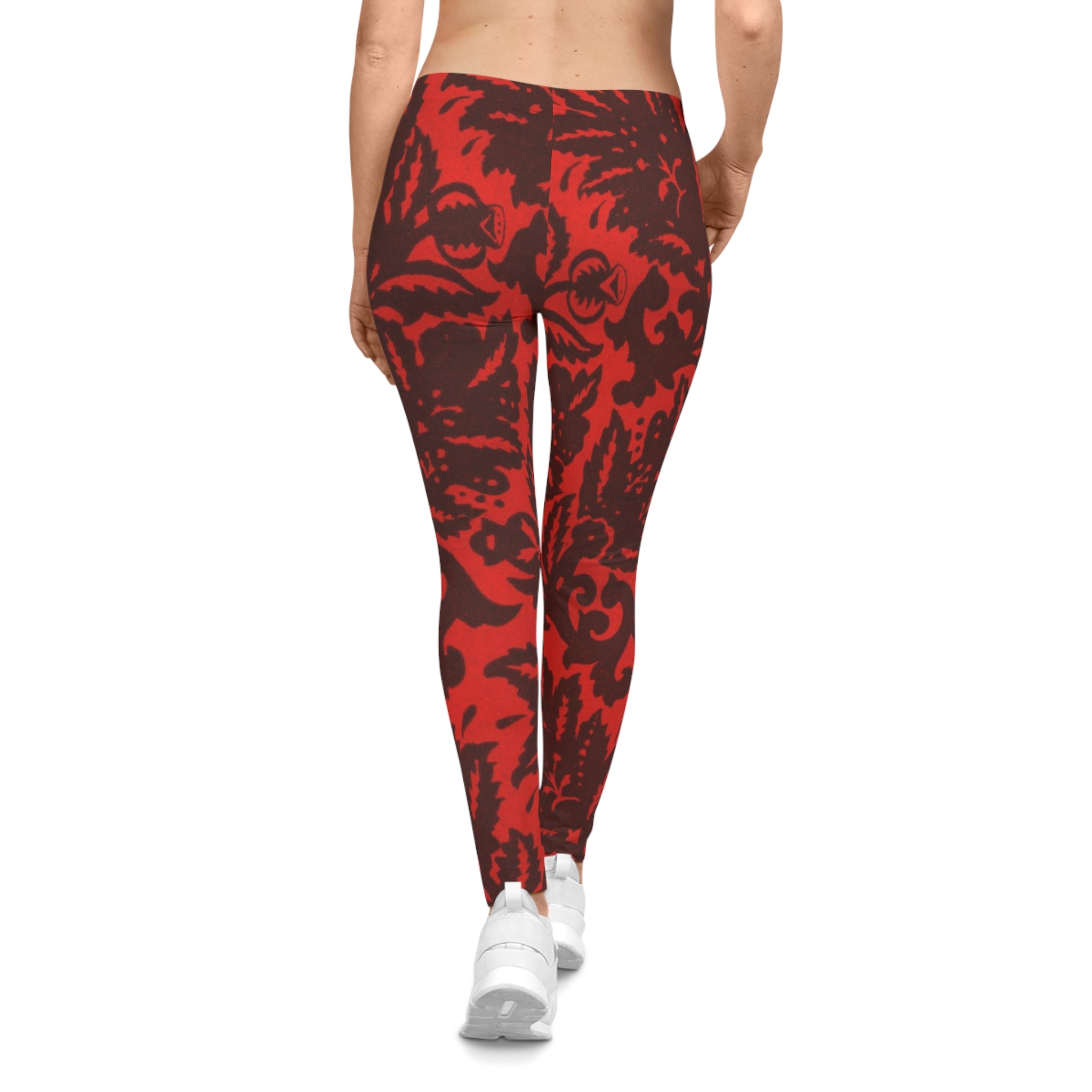 Red Floral Damask Leggings — Women's Patterned All-Over Print Leggings