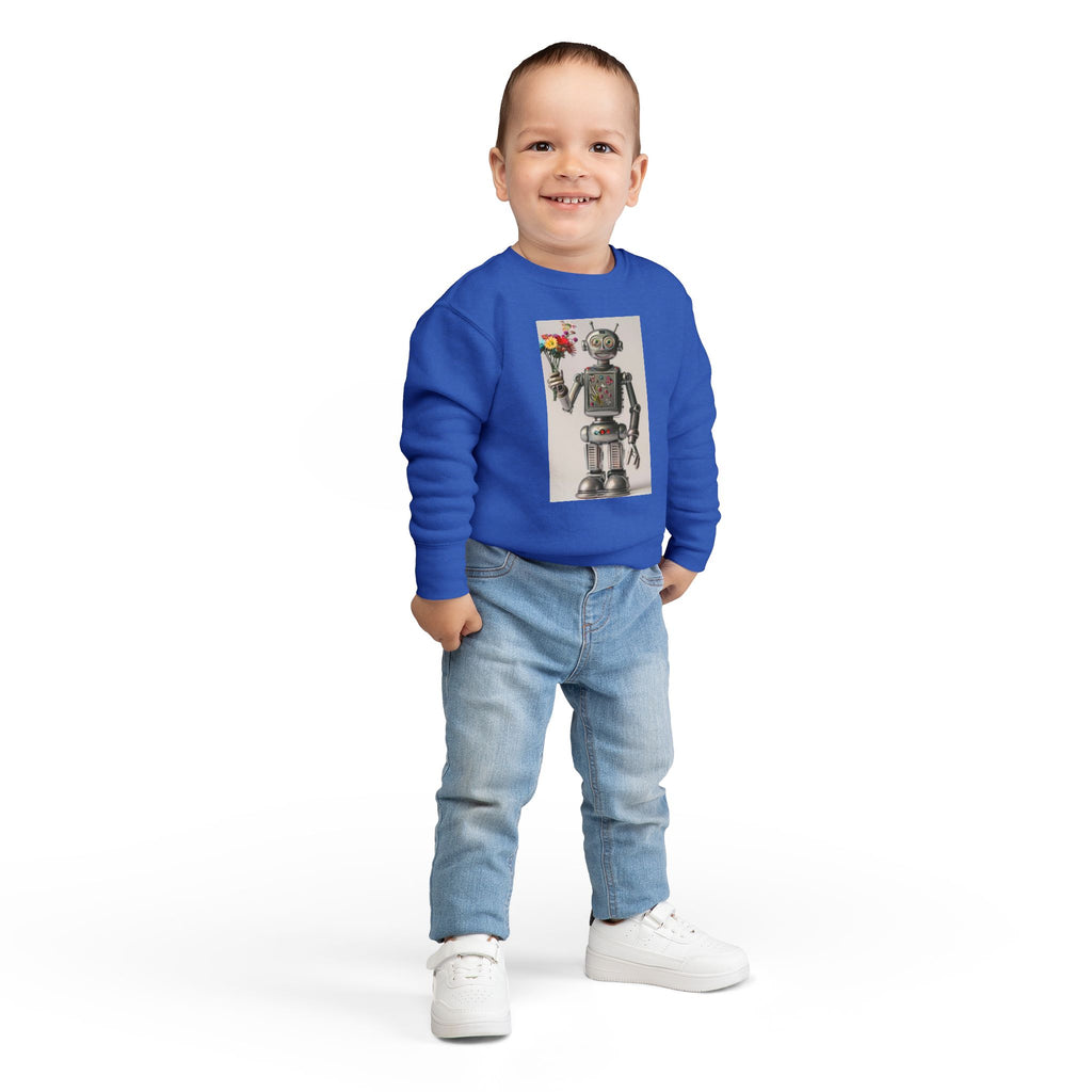 Retro Robot Toddler Sweatshirt — Cute Robot Holding Flowers Graphic