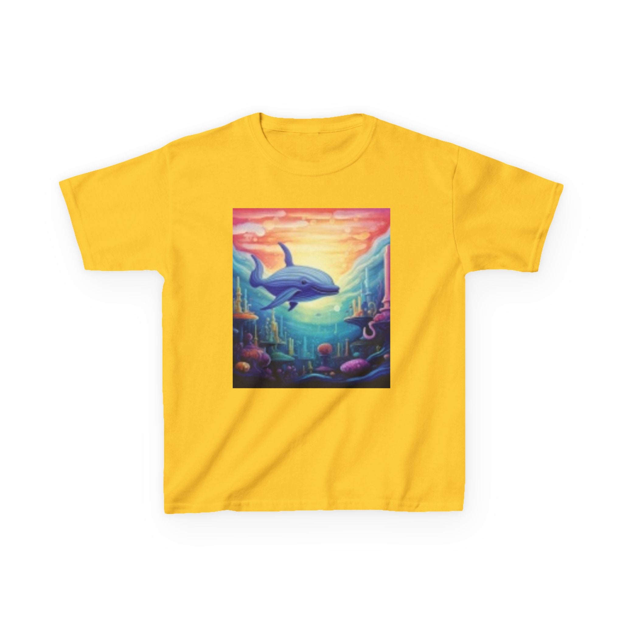 Kids Dolphin Sunset & Shells T-Shirt — Colorful Underwater Ocean Scene