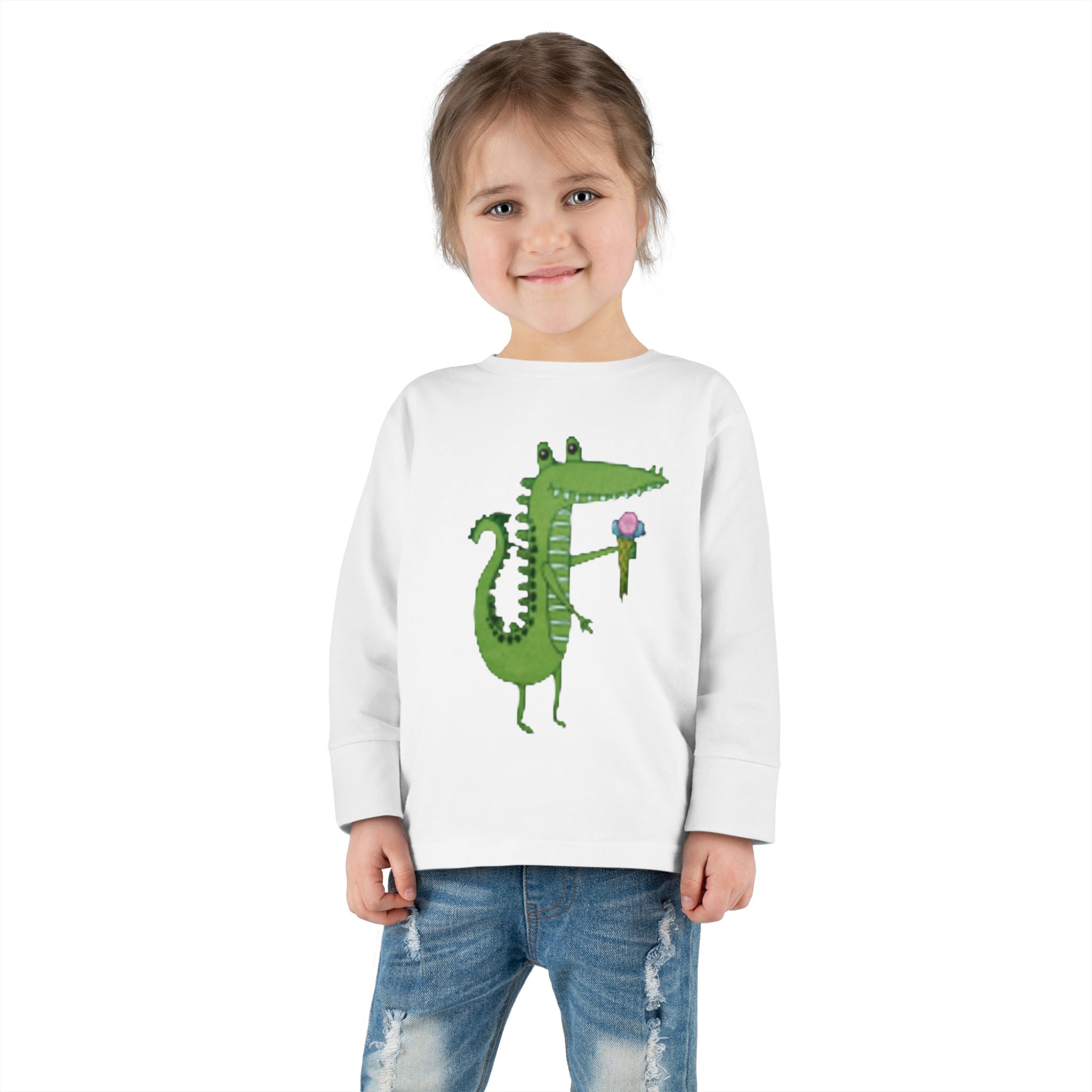 Cute Crocodile Eating Ice Cream Toddler Long Sleeve Tee