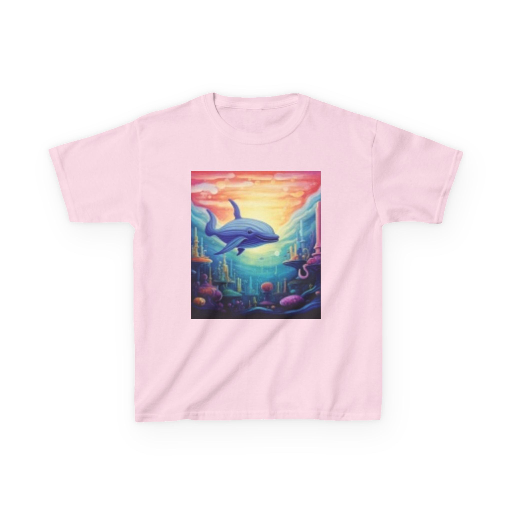 Kids Dolphin Sunset & Shells T-Shirt — Colorful Underwater Ocean Scene