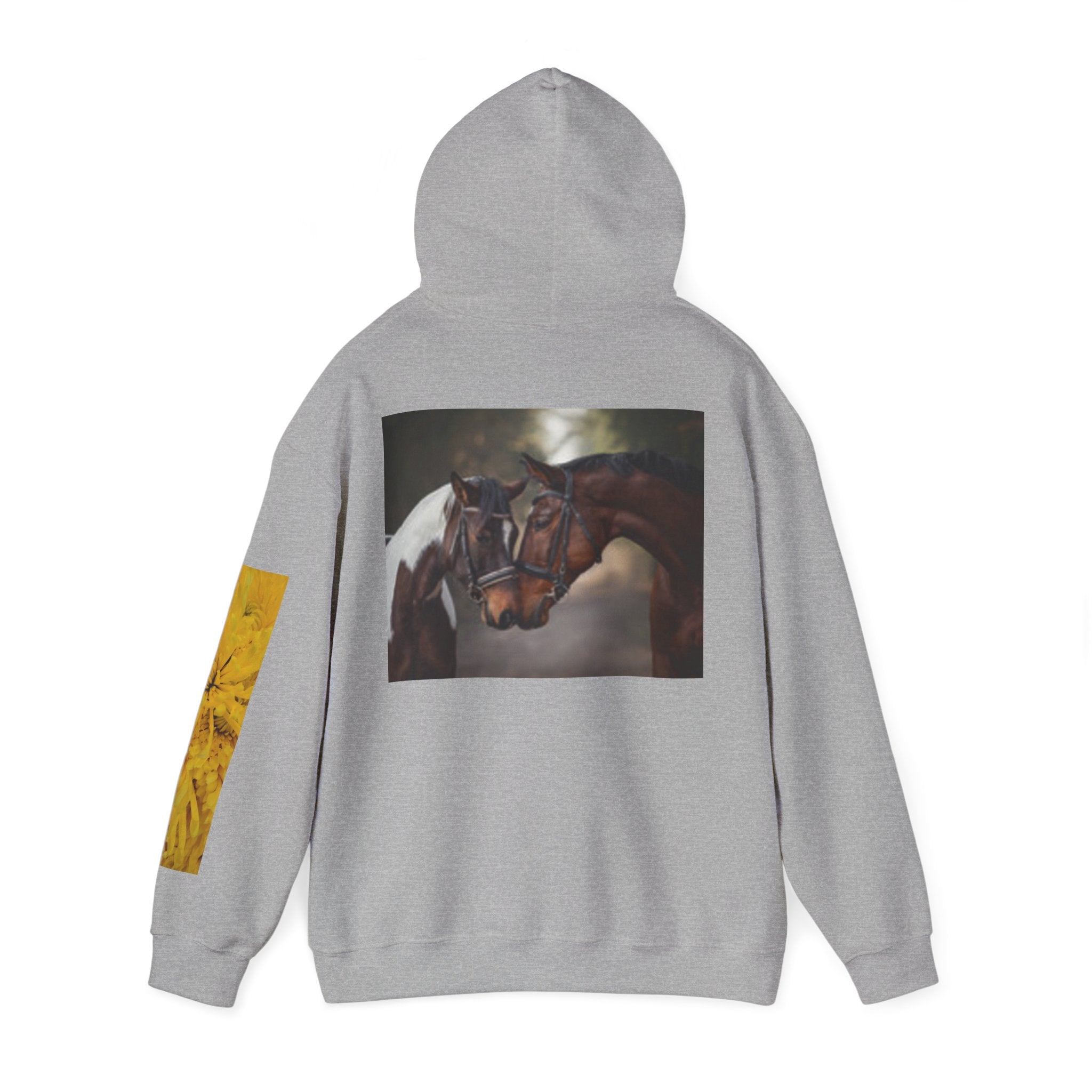Sunrise Meadow & Horse Graphic Hoodie — Scenic Sunset Landscape and Saddled Horse Print