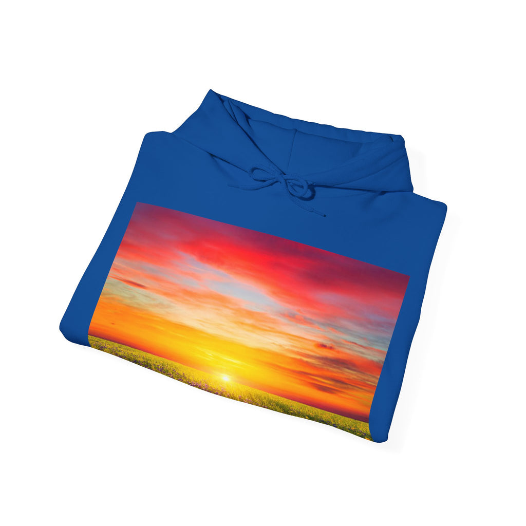 Sunrise Meadow & Horse Graphic Hoodie — Scenic Sunset Landscape and Saddled Horse Print