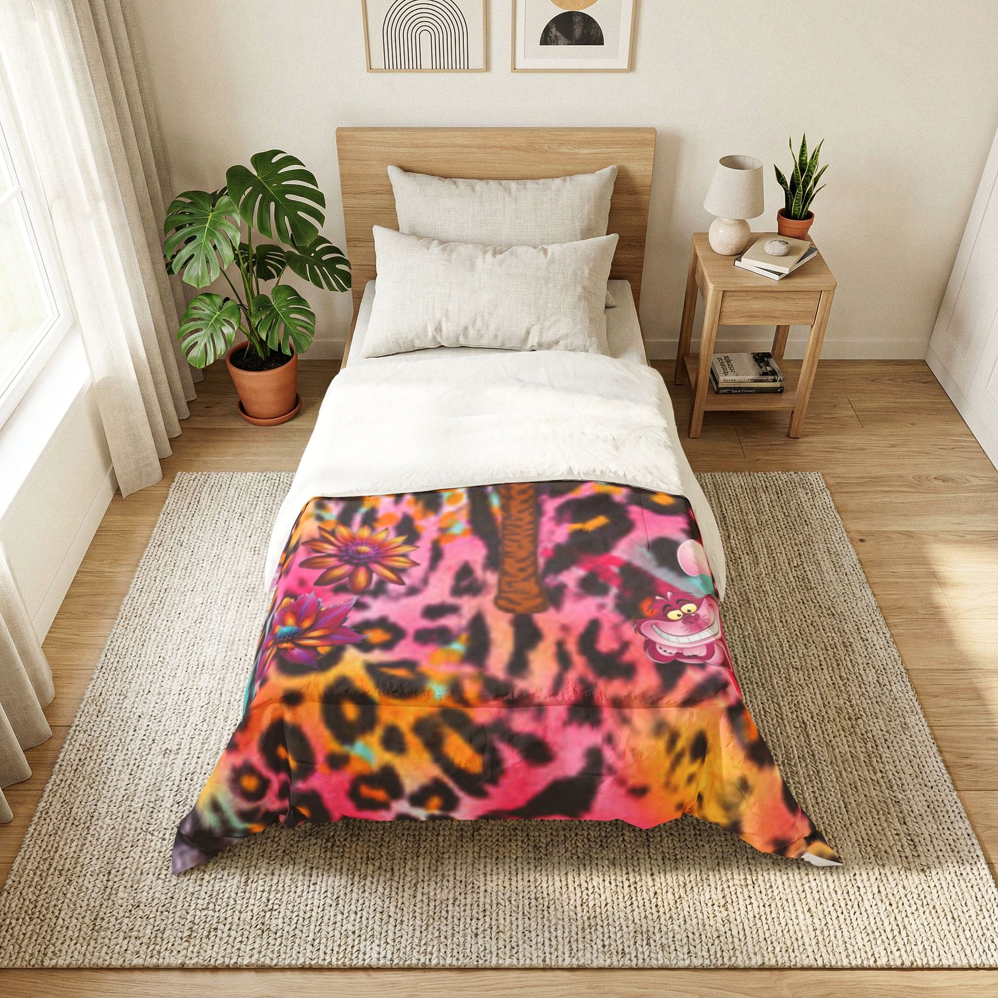 Vibrant Butterfly Palm Tree Chestire Cat Leopard Cotton Comforter — Colorful Boho Floral Throw