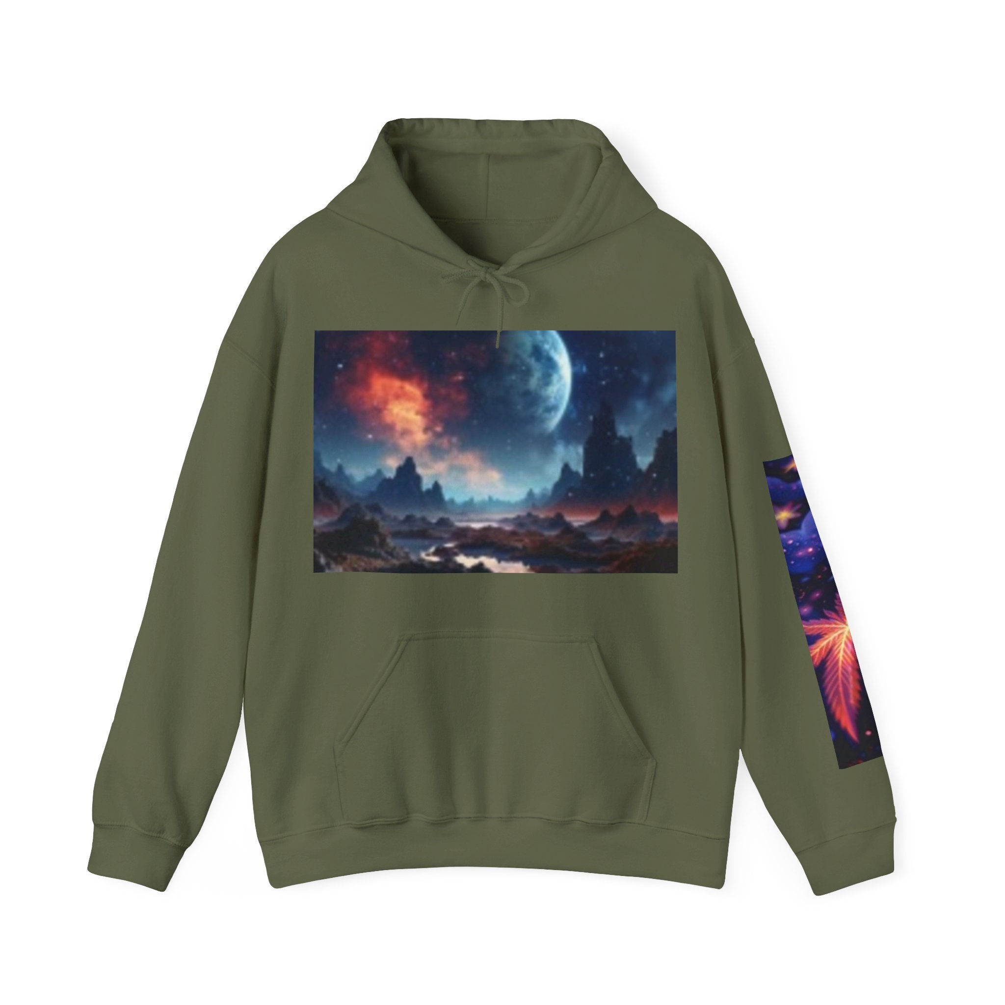 Alien Landscape Hoodie — Cosmic Moonscape & Green Alien Graphic Sweatshirt