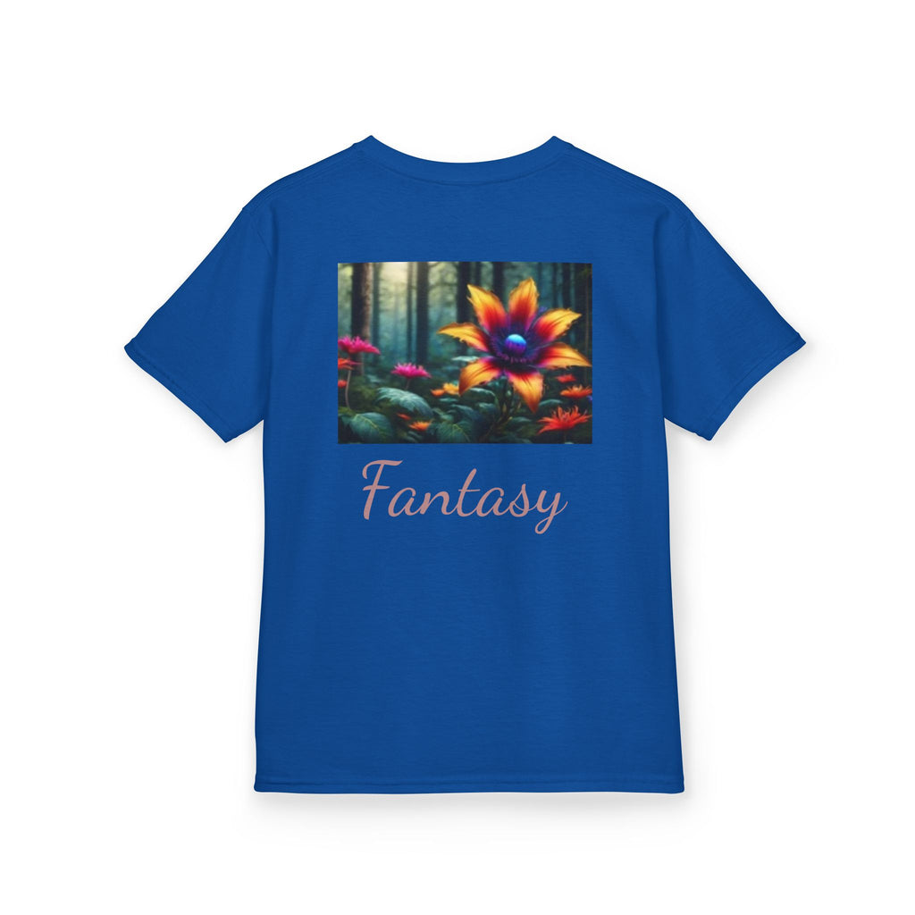 Kids Penguin & Fantasy Flower Fantasy T-shirt— Playful Animal & Colorful Floral Kids Shirt