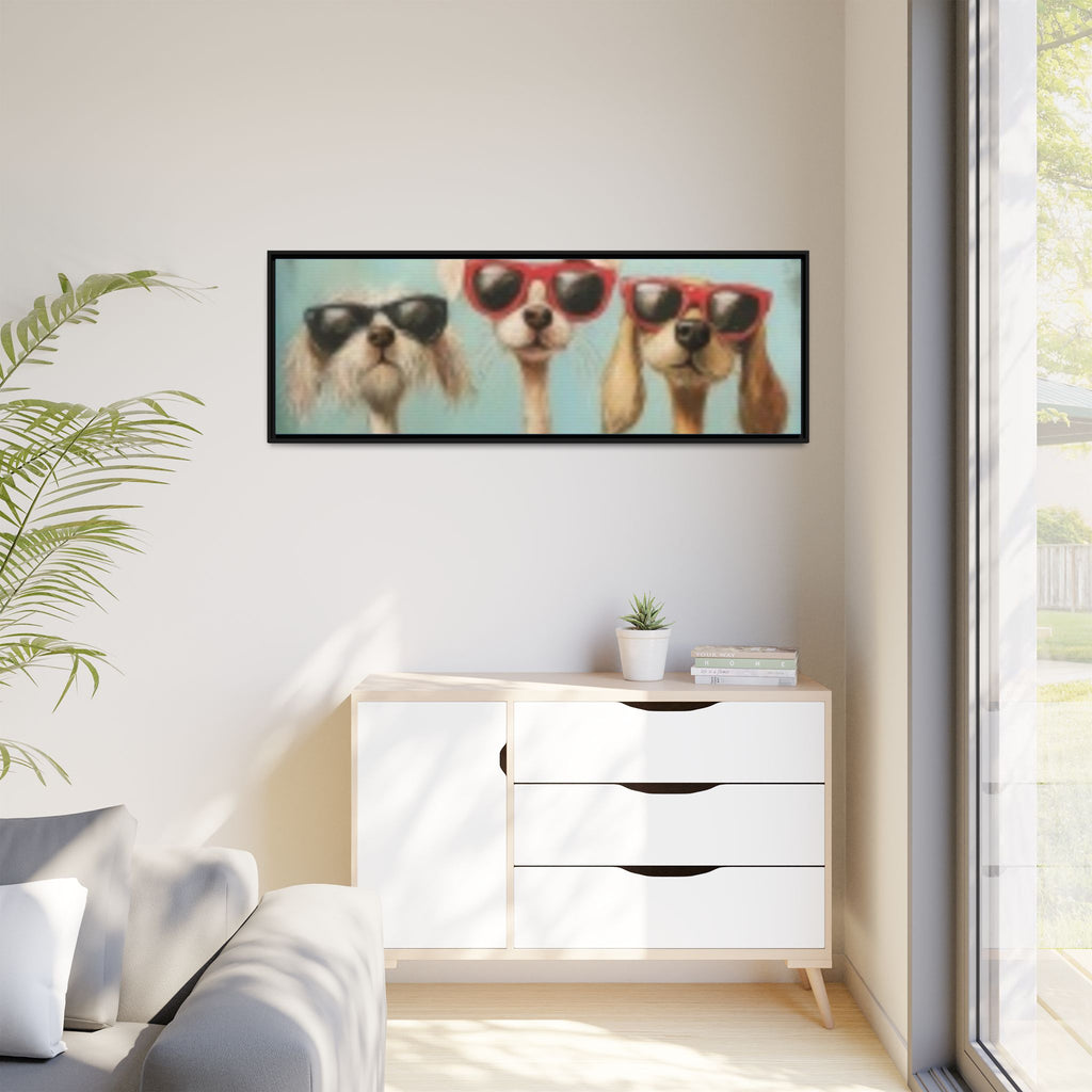 Framed Matte Canvas — Three Cool Dogs in Sunglasses Wall Art
