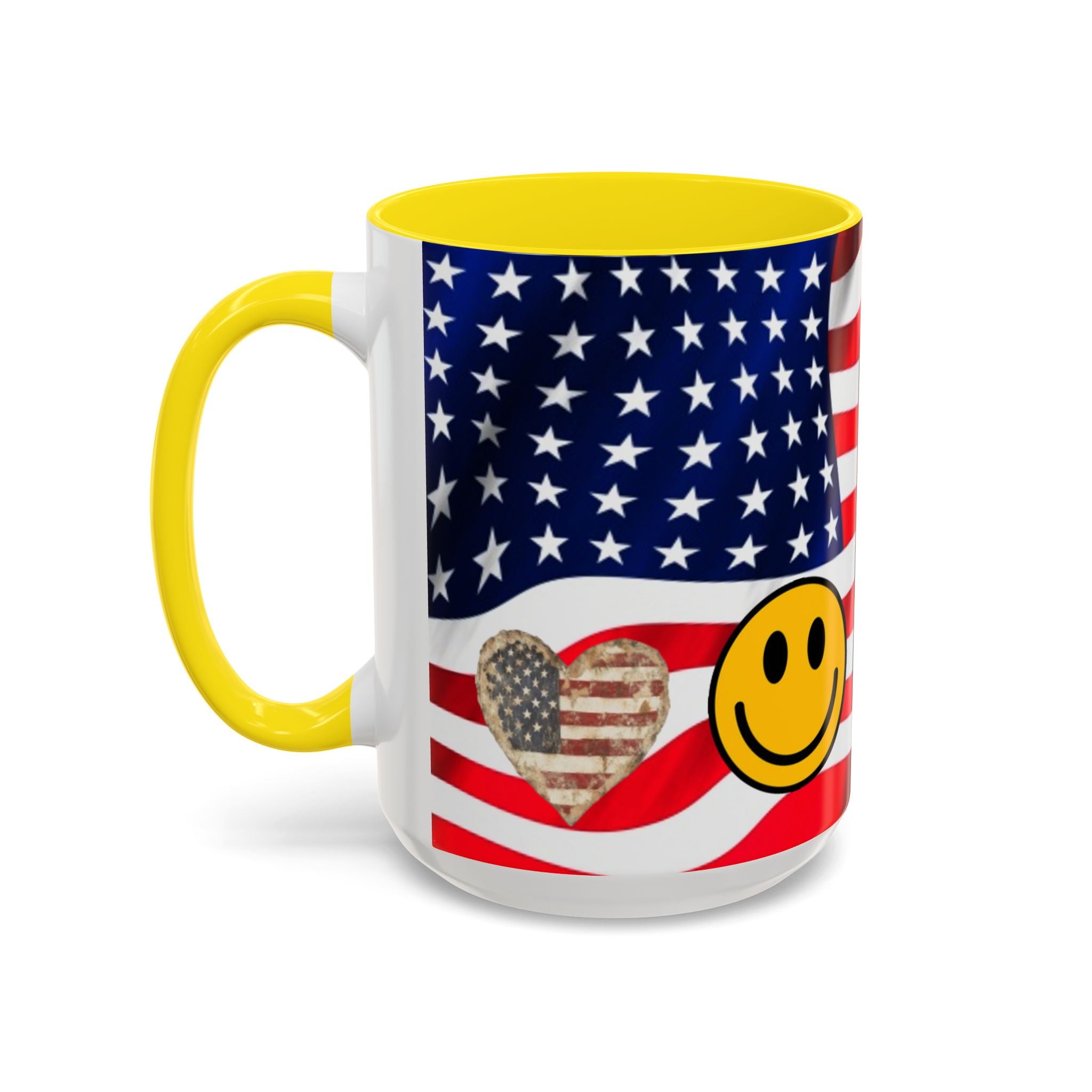Patriotic President TRUMP Coffee Mug — American Flag Peace Sign & Smile