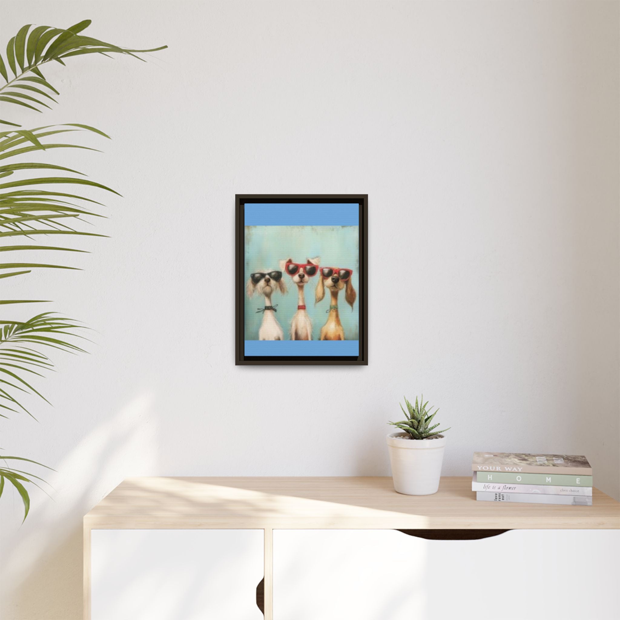 Framed Matte Canvas — Three Cool Dogs in Sunglasses Wall Art