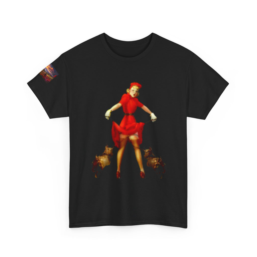 Pin-Up Girl Tee with French Bulldogs — Retro 1950s Rockabilly Fashion T-Shirt