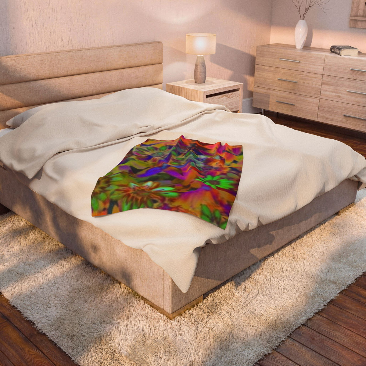 Psychedelic Floral Velveteen Plush Blanket — Vibrant Rainbow Flowers Throw for Cozy Boho Living, Gift for Her