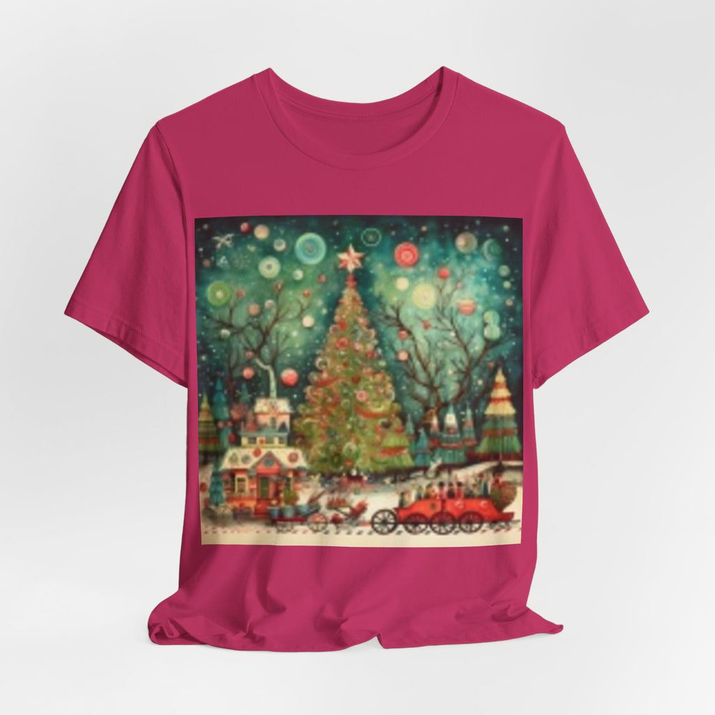 Christmas Tree Vintage Scene Tee — Holiday Village Carriage Design