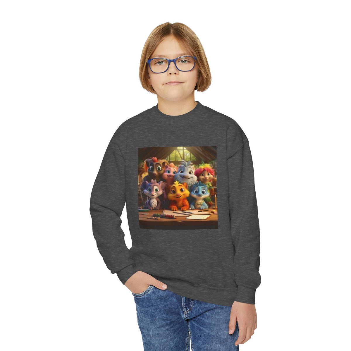 Youth Crewneck Sweatshirt — Colorful Cartoon Kittens Group Graphic