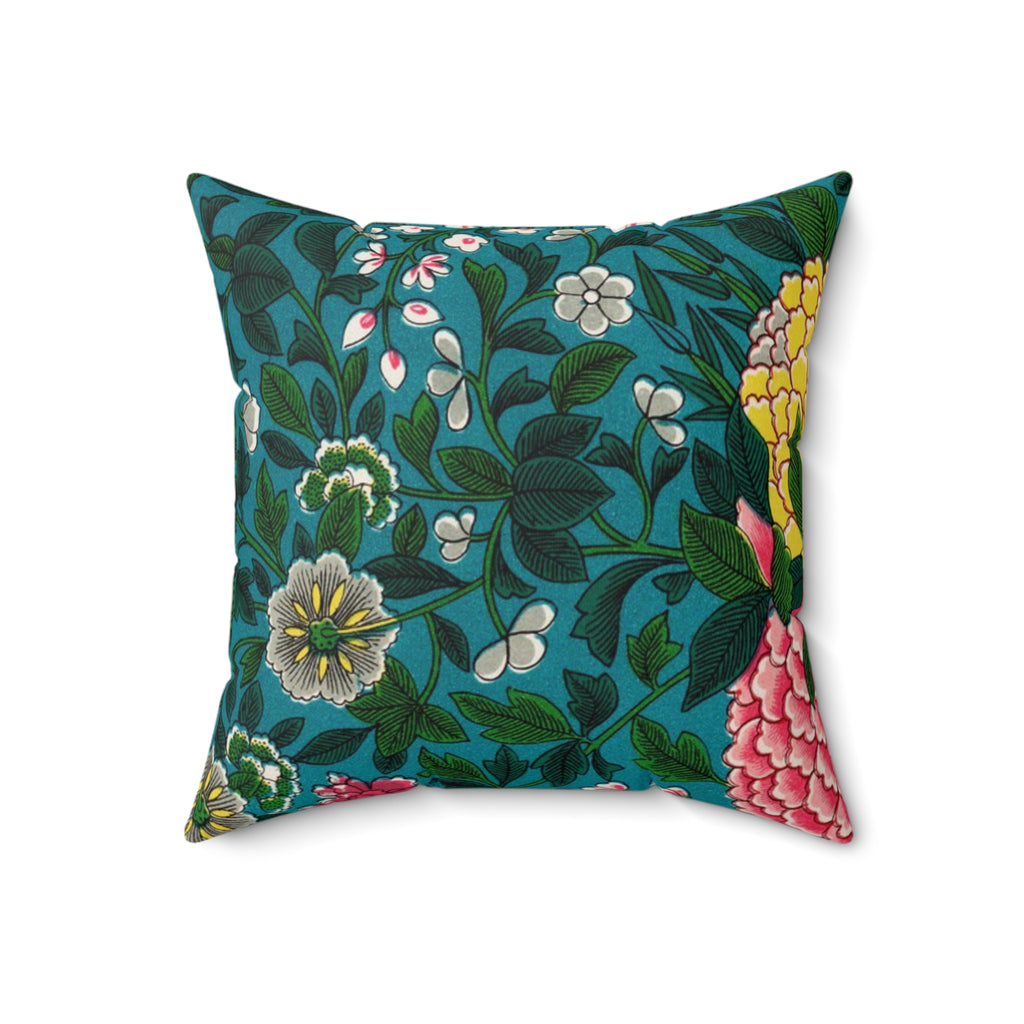 Teal Floral Suede Pillow - Vintage Garden Square Throw Pillow