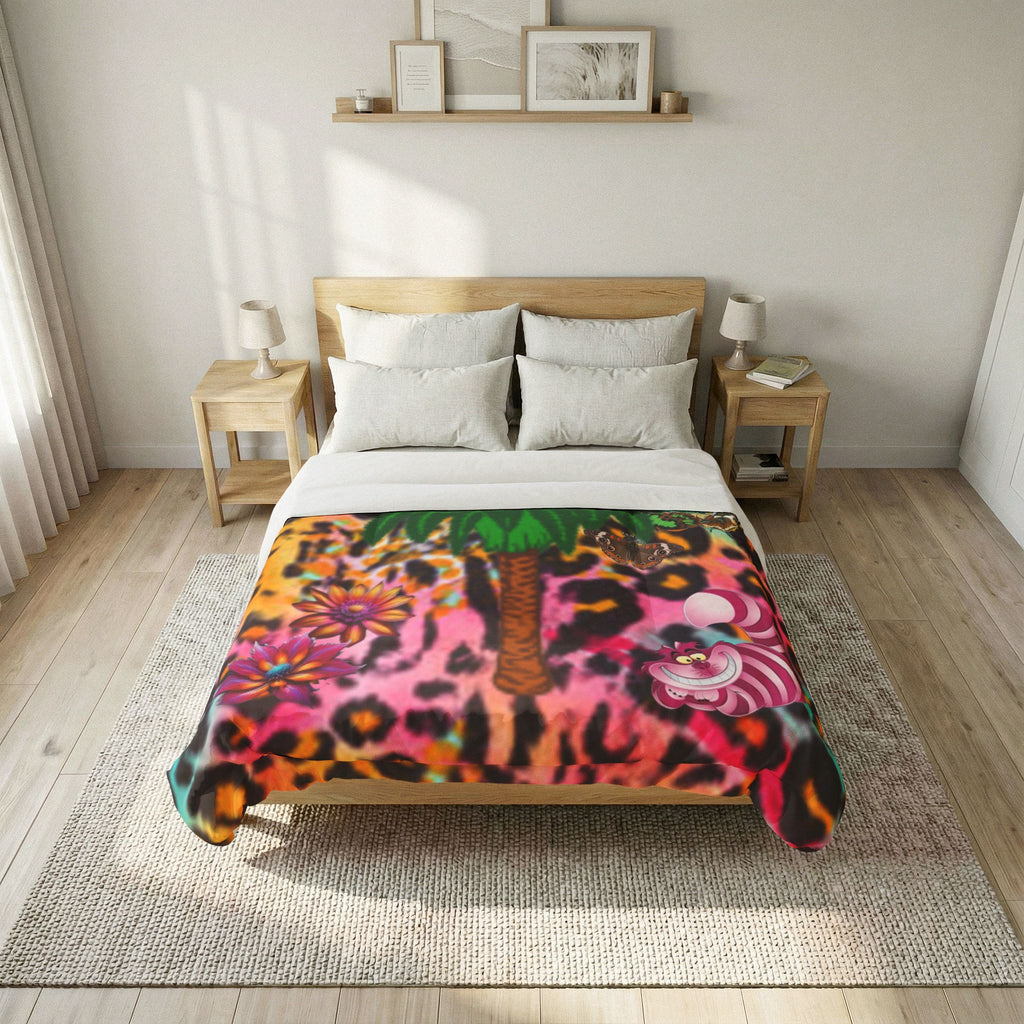 Vibrant Butterfly Palm Tree Chestire Cat Leopard Cotton Comforter — Colorful Boho Floral Throw