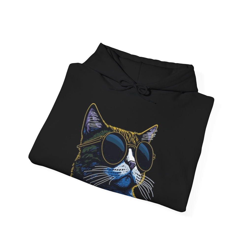 Cat Graphic Hoodie - Retro Sunglasses Cat Front & Colorful Cat Pattern Back Sweatshirt