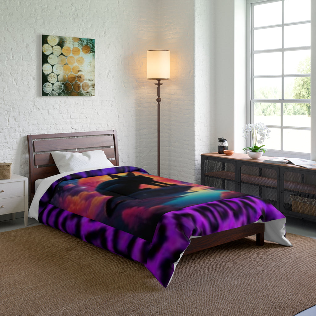 Black Cat Sunset with Purple Animal Print Comforter - Lightweight Cozy Bedding for All Seasons