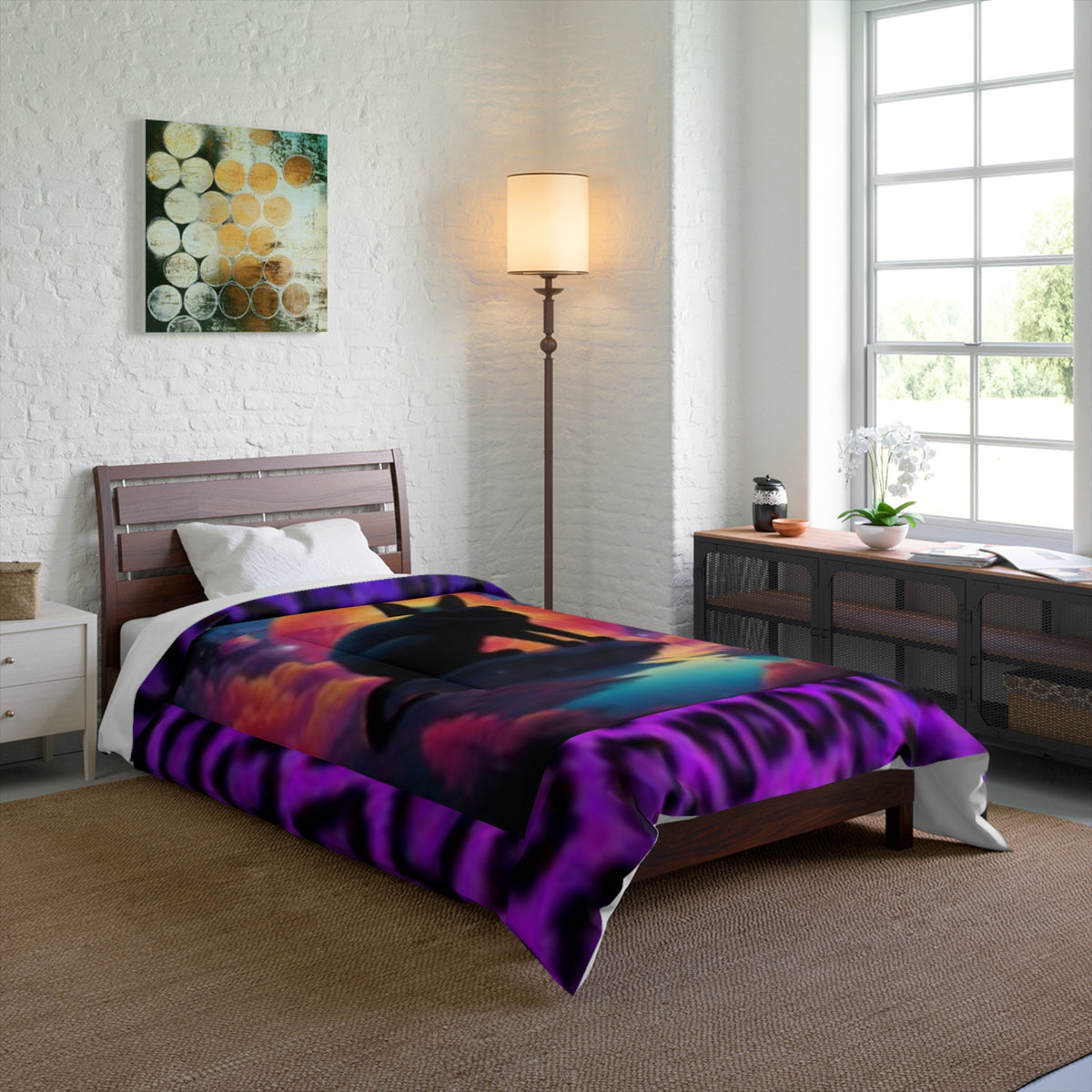 Black Cat Sunset with Purple Animal Print Comforter - Lightweight Cozy Bedding for All Seasons