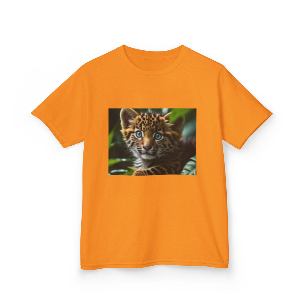 Kids T-shirt— Cute Tiger Cub Photo Front & Rainbow Heart Back Graphic
