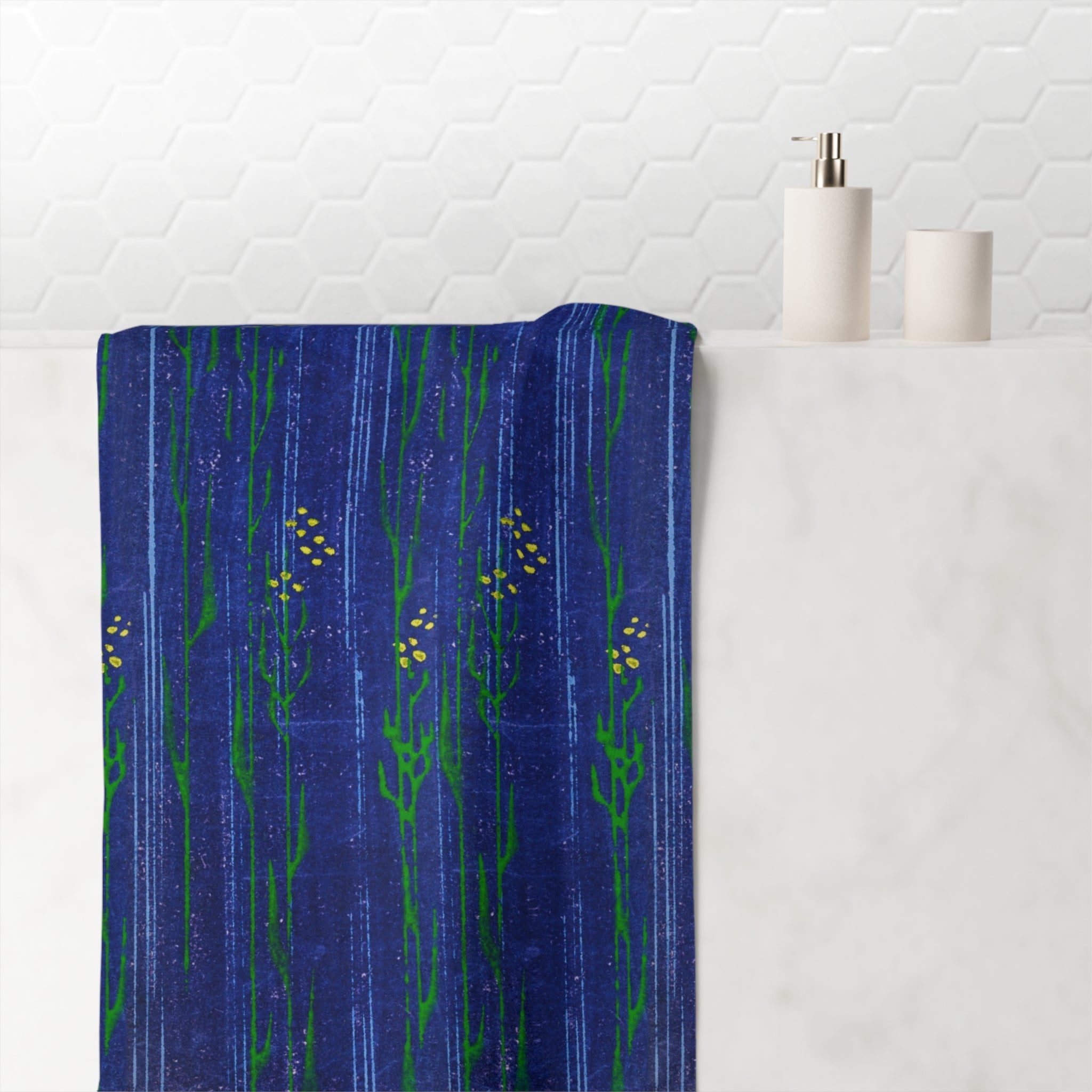 Floral Stripe Cotton Towel — Blue Botanical Beach & Bath Towel