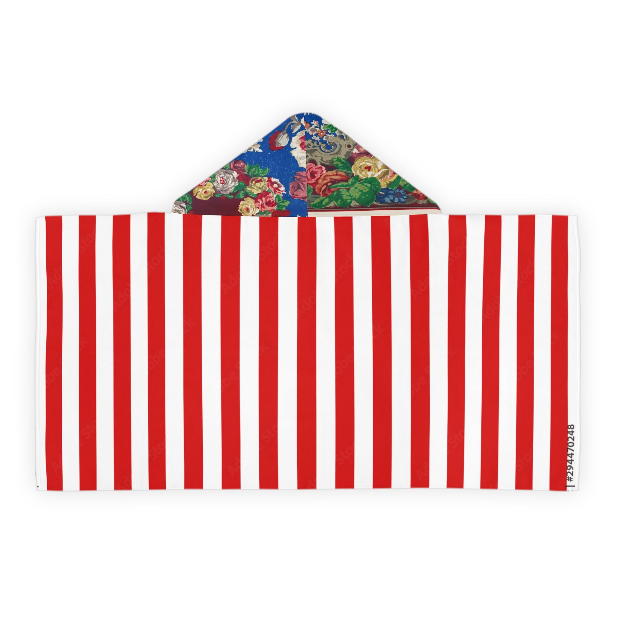 Kids Hooded Beach Towel — Red Candy Stripe with Floral Hood