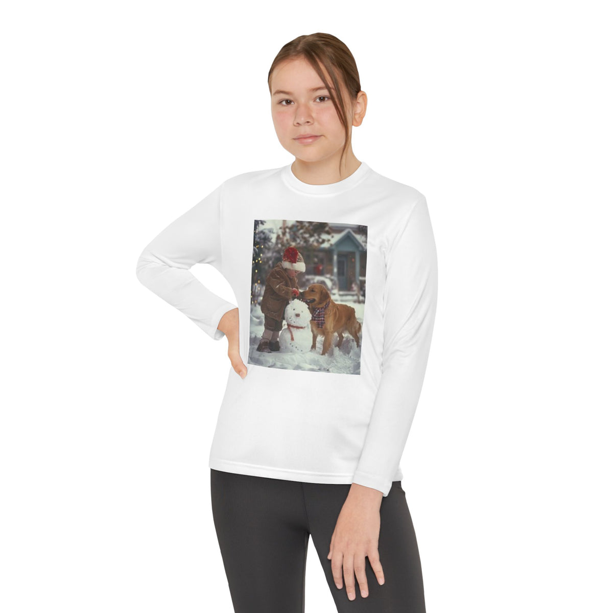 Youth Long Sleeve Tee — Christmas~Vintage Snow Day Kids Shirt with Snowman and Dog