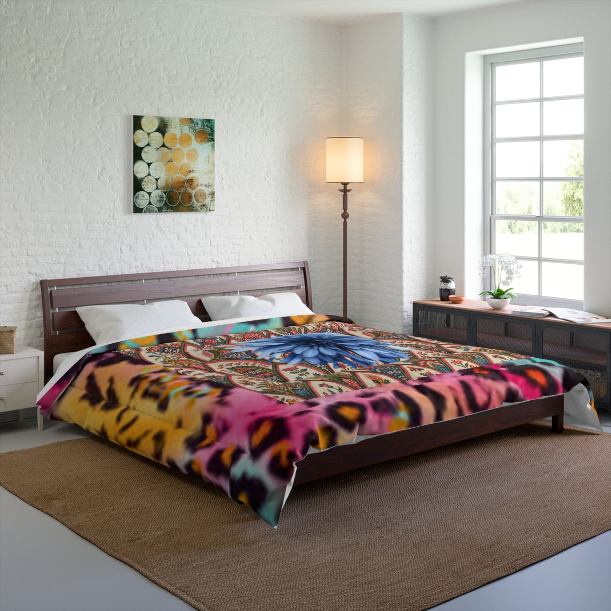 Boho Leopard Floral Comforter — Vibrant Blue Bloom Patterned Bedding