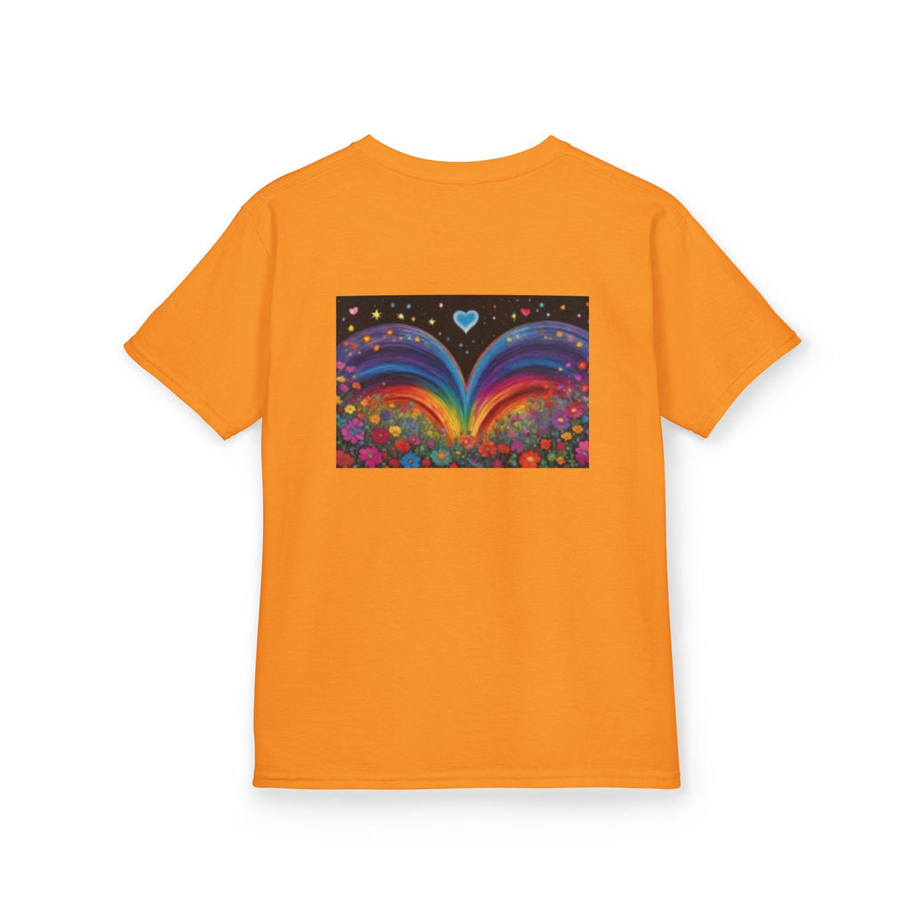 Kids T-shirt— Cute Tiger Cub Photo Front & Rainbow Heart Back Graphic