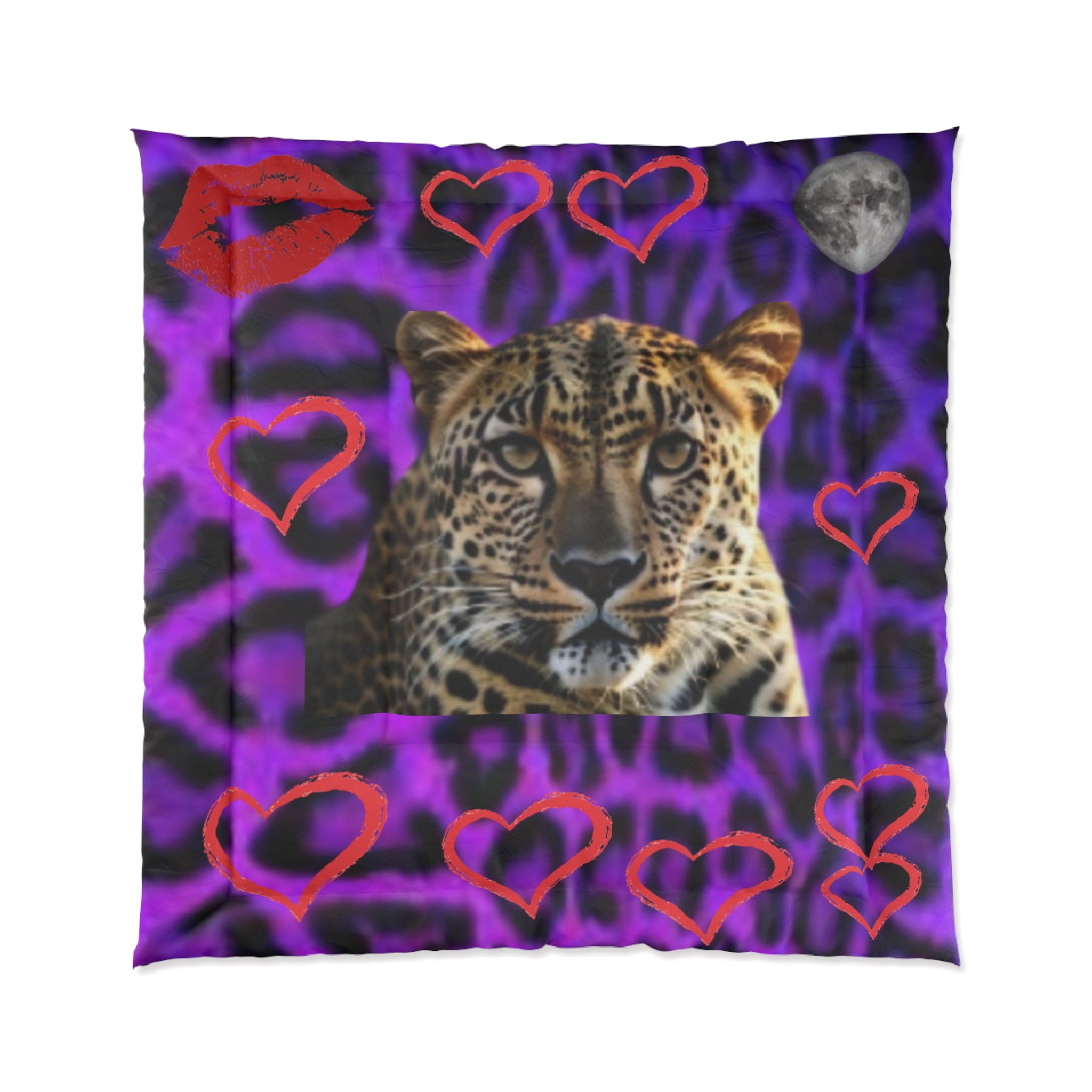 Leopard Heart Comforter - Purple Leopard Print with Big Cat Face & Hearts