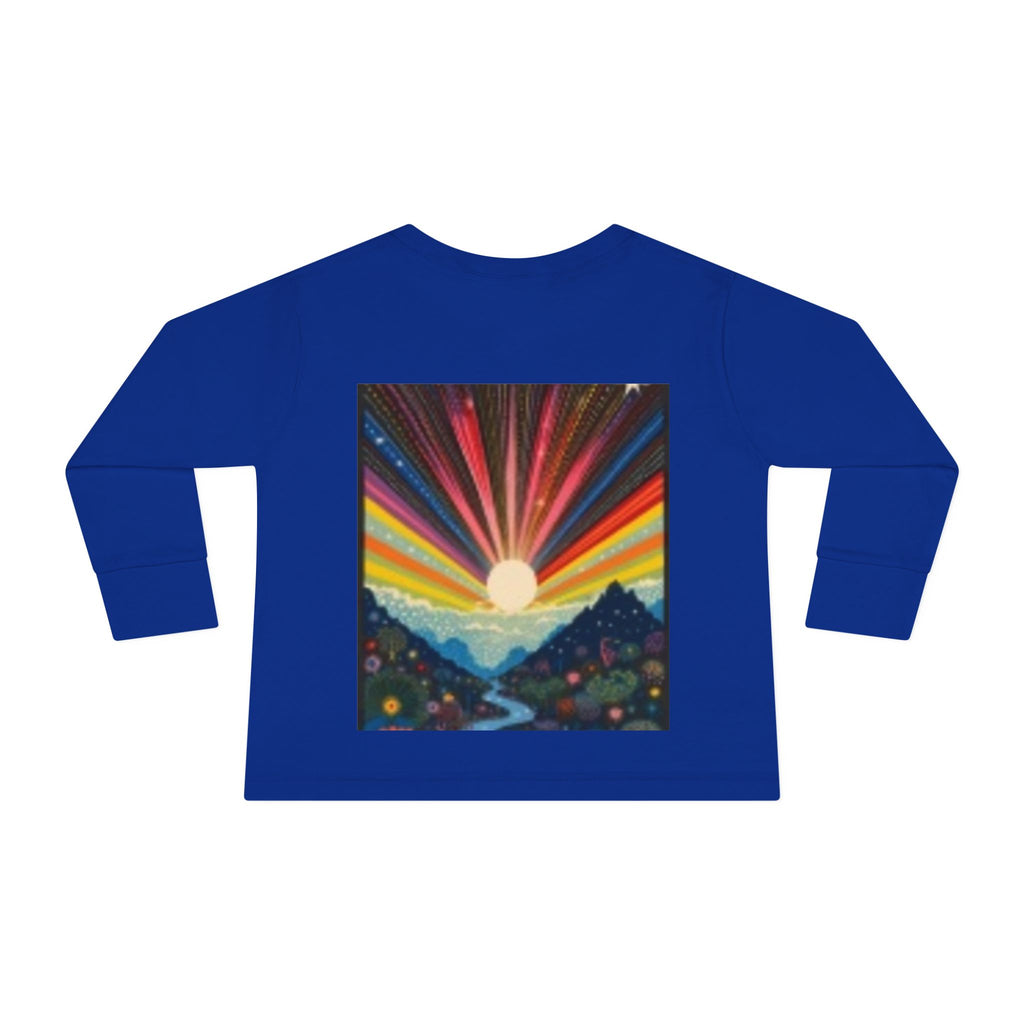 Toddler Long Sleeve Tee — Playful Robot & Colorful Sunrise Graphic Shirt