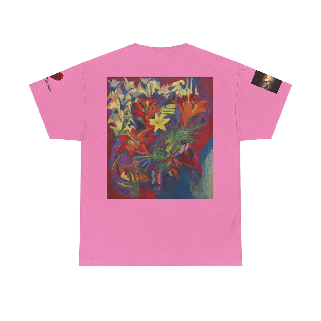 Pink t-shirt with a colorful floral design on the back against a white background