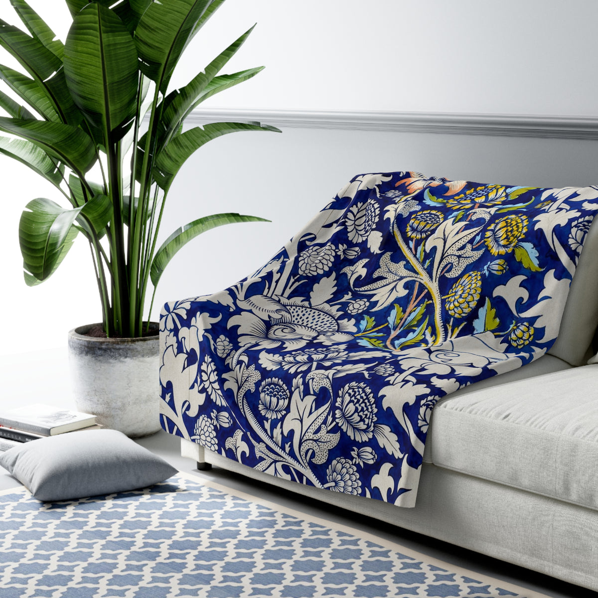 Floral William Morris–Style Sherpa Fleece Blanket — Cozy Vintage Botanical Throw