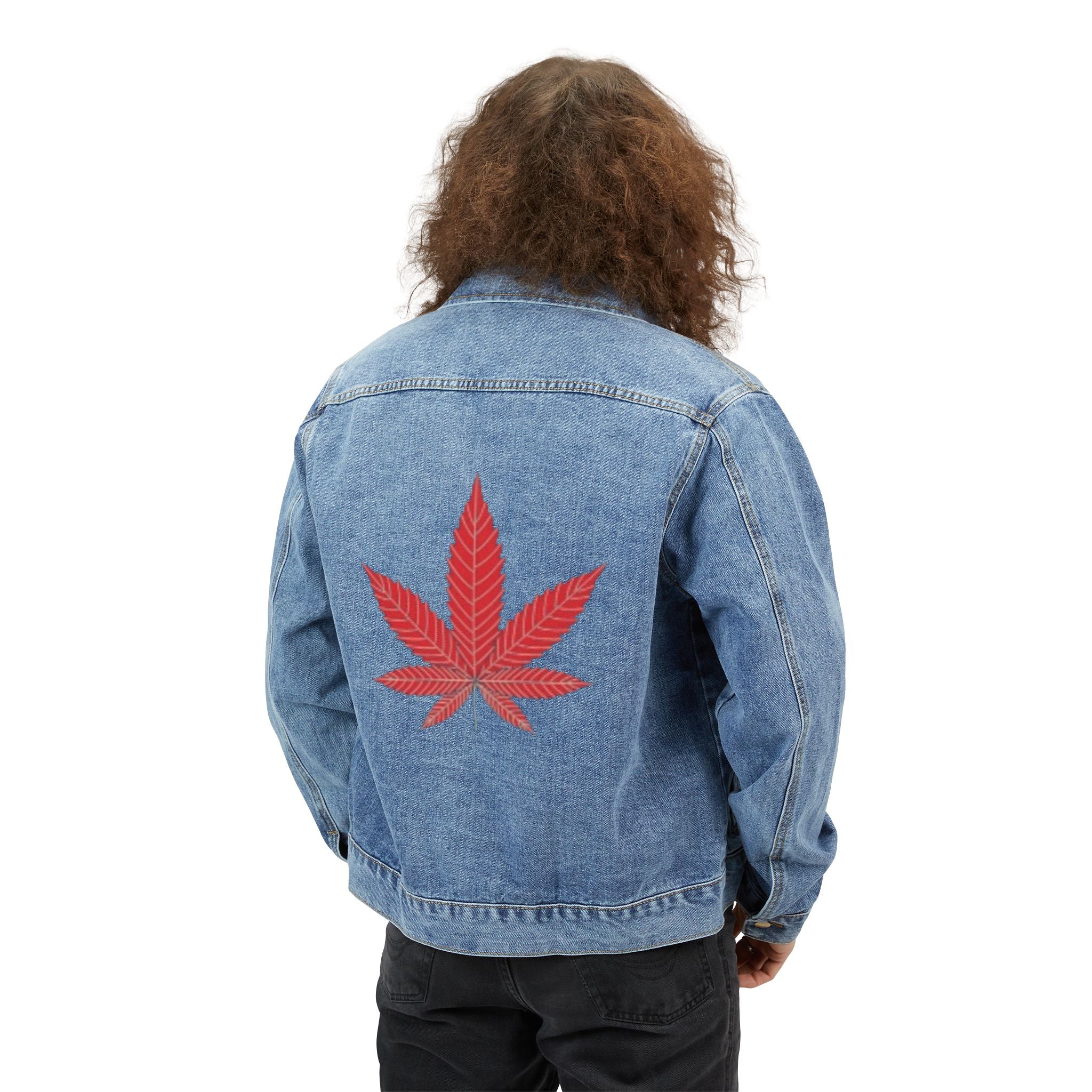 Denim Jacket with Red Cannabis Leaf Back Graphic