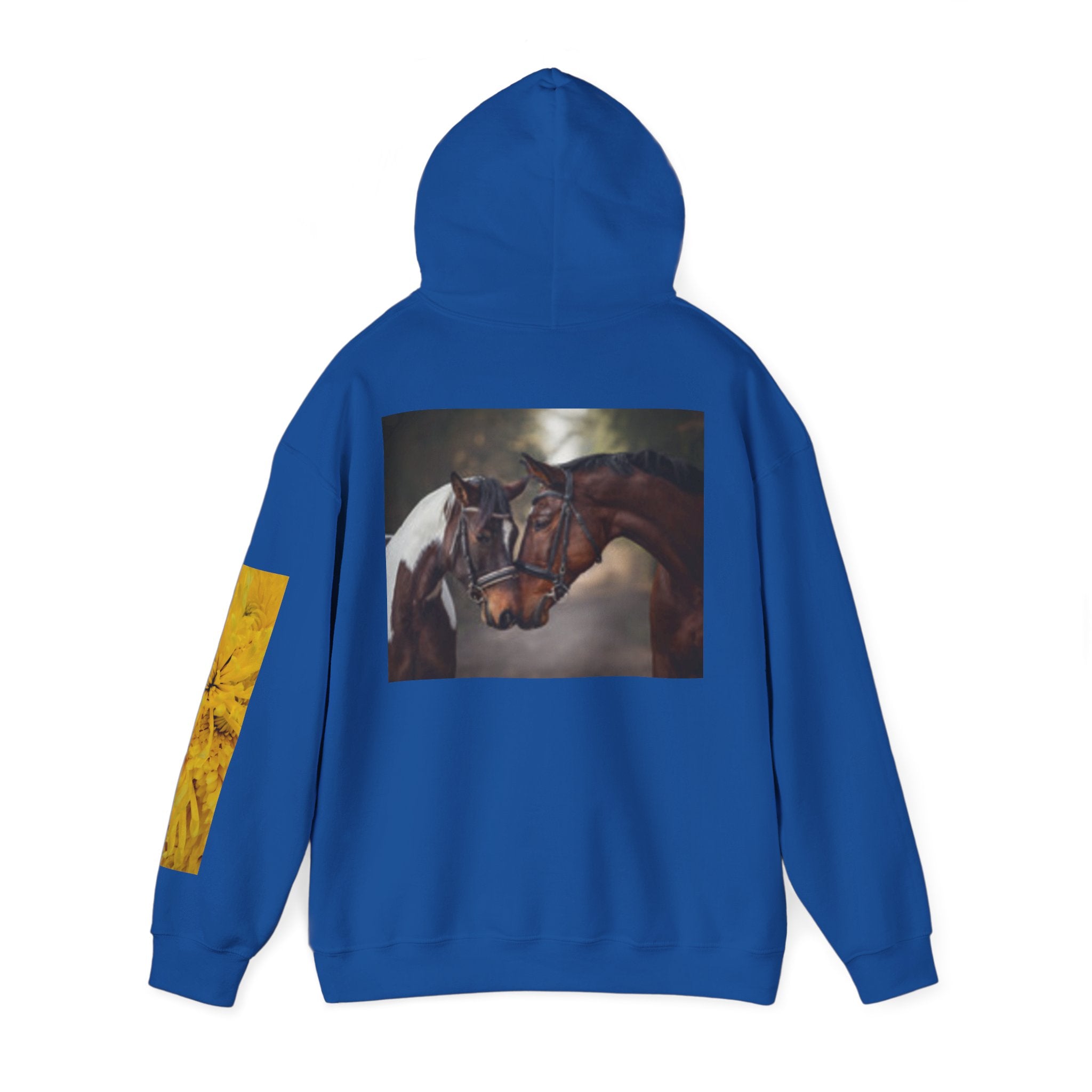 Sunrise Meadow & Horse Graphic Hoodie — Scenic Sunset Landscape and Saddled Horse Print