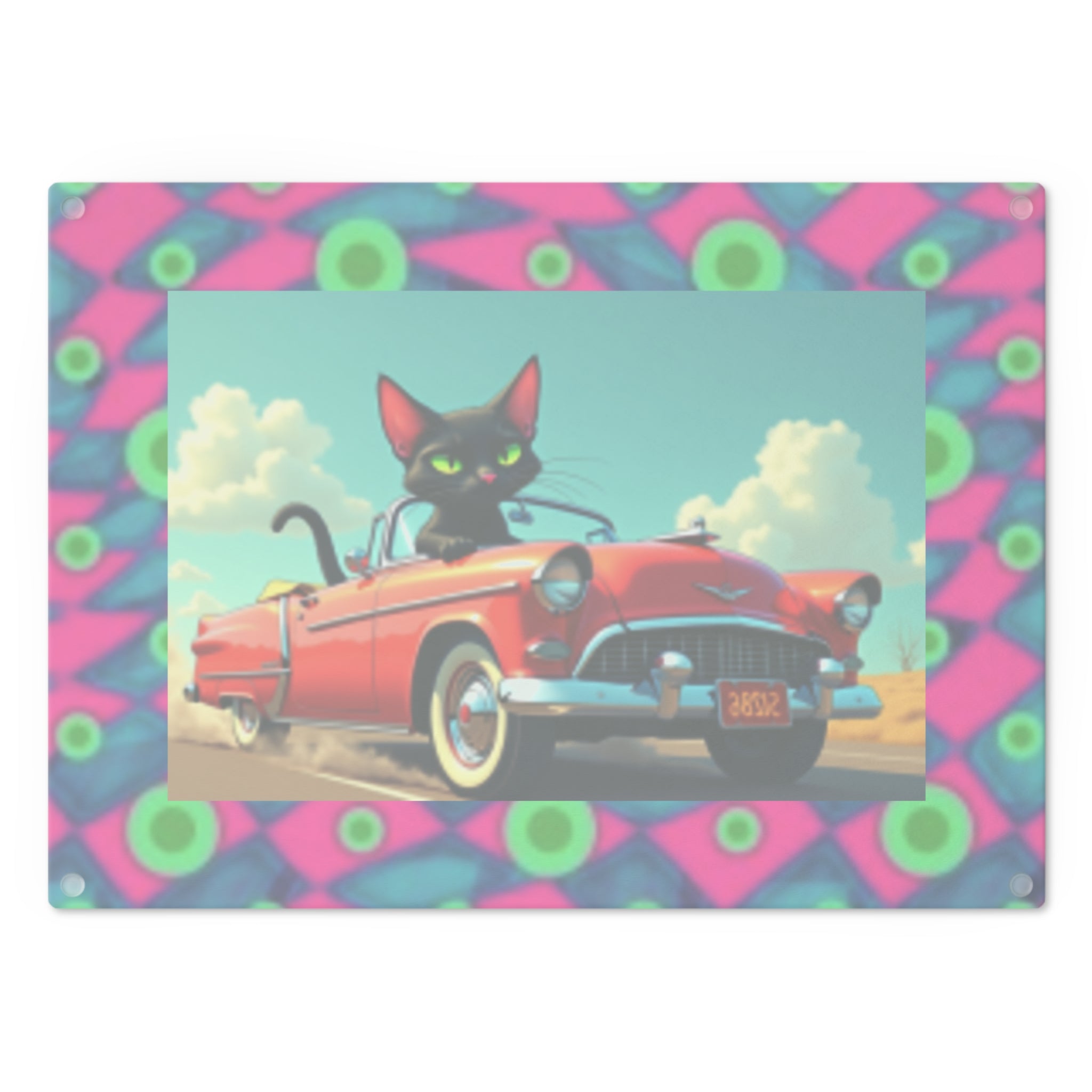 Retro Cat Driving Red Convertible Cutting Board — Funky Neon Border Kitchen Decor
