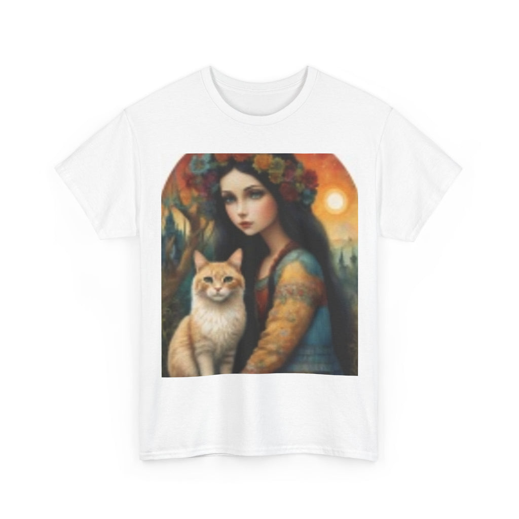 Vintage Portrait Tee — Woman with Cat Art Print