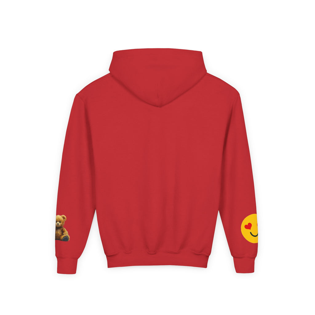 Youth Hoodie with Teddy Bear & Heart-Eyes Emoji Sleeve Accents